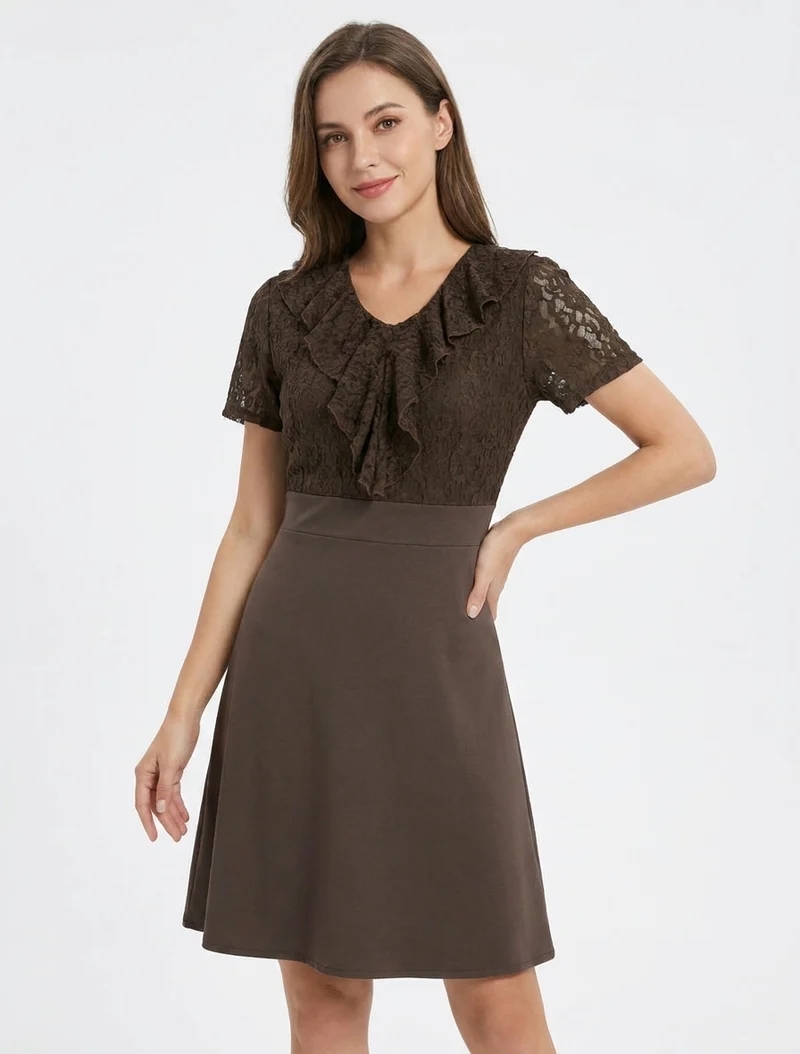 Robe droite à buste volanté en dentelle - Marron