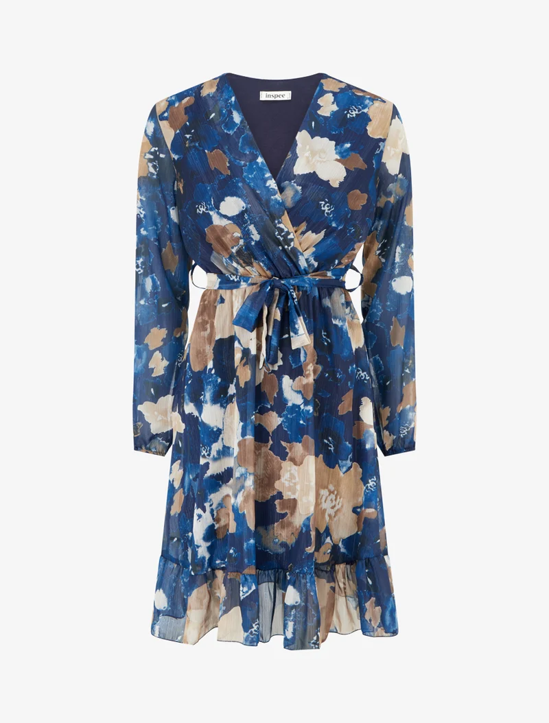 Robe irisée à imprimé fleurs abstraites et bords volantés - Marine