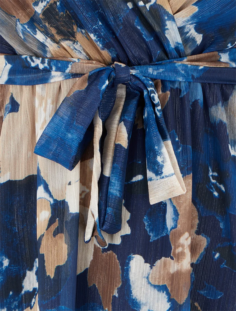 Robe irisée à imprimé fleurs abstraites et bords volantés - Marine