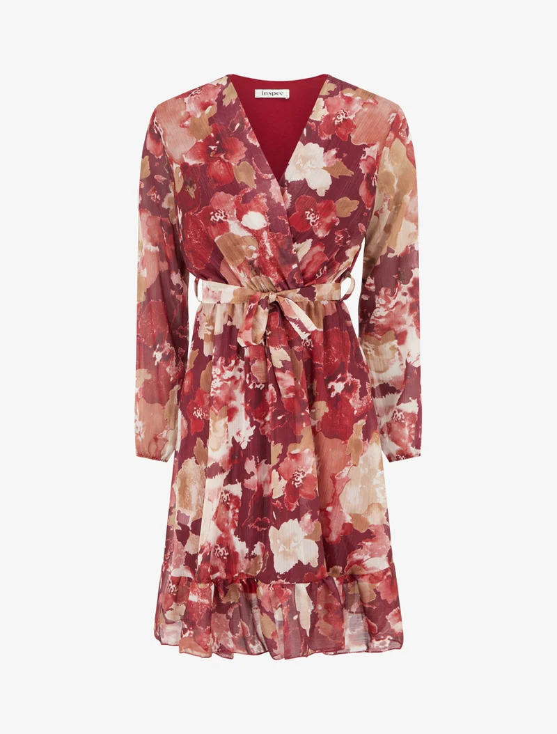 Robe irisée à imprimé fleurs abstraites et bords volantés - Lie de vin