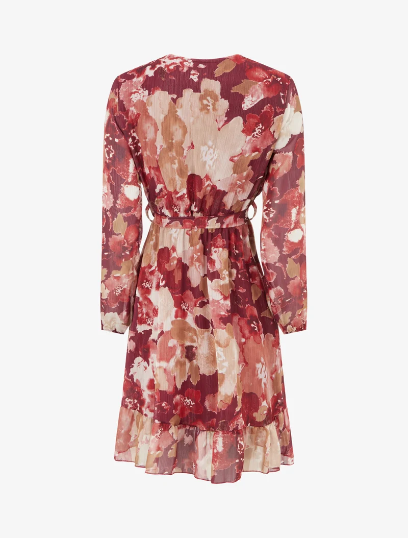 Robe irisée à imprimé fleurs abstraites et bords volantés - Lie de vin