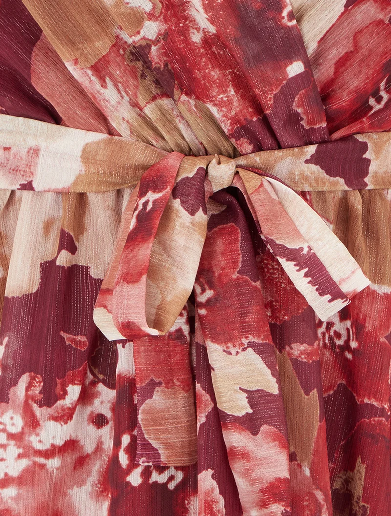 Robe irisée à imprimé fleurs abstraites et bords volantés - Lie de vin