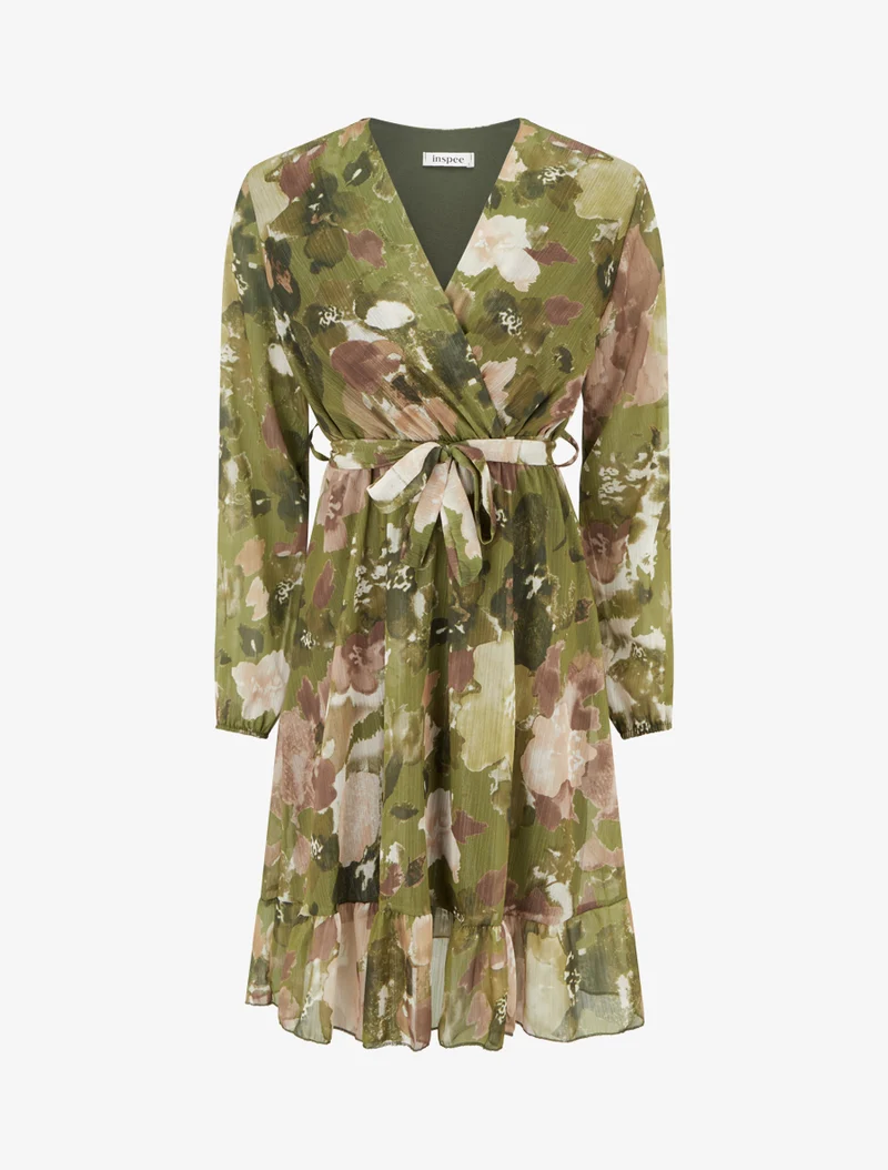 Robe irisée à imprimé fleurs abstraites et bords volantés - Kaki