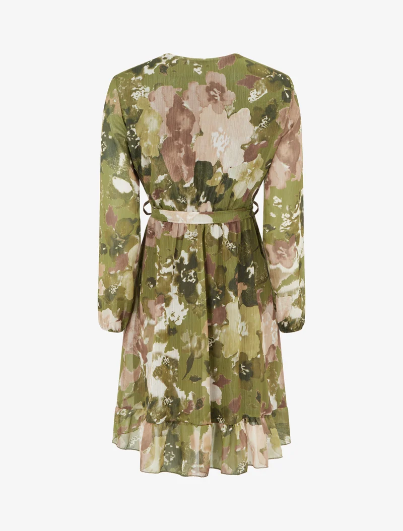 Robe irisée à imprimé fleurs abstraites et bords volantés - Kaki