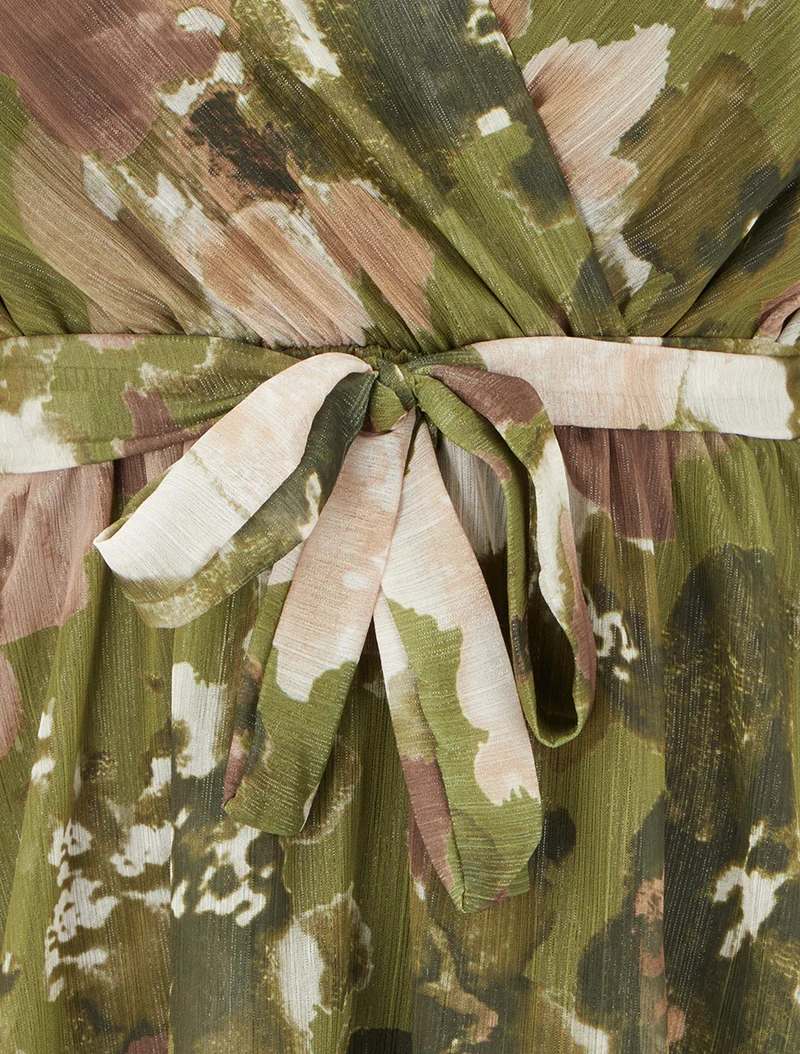 Robe irisée à imprimé fleurs abstraites et bords volantés - Kaki