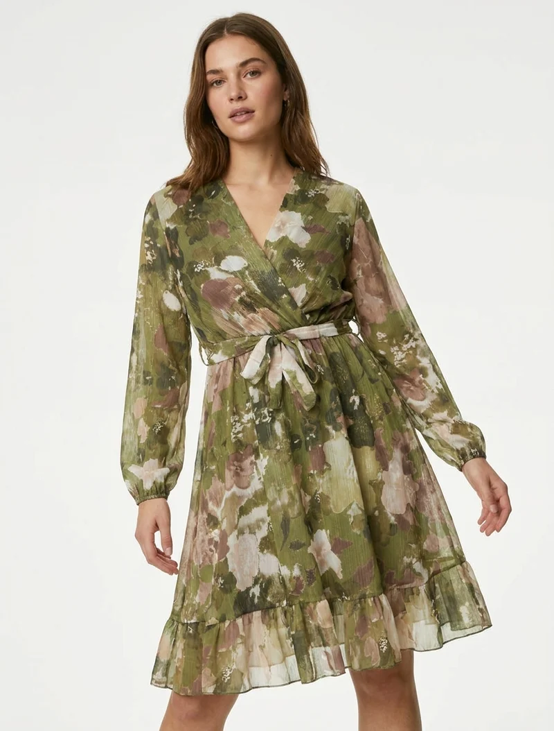Robe irisée à imprimé fleurs abstraites et bords volantés - Kaki