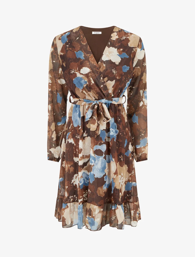 Robe irisée à imprimé fleurs abstraites et bords volantés - Marron