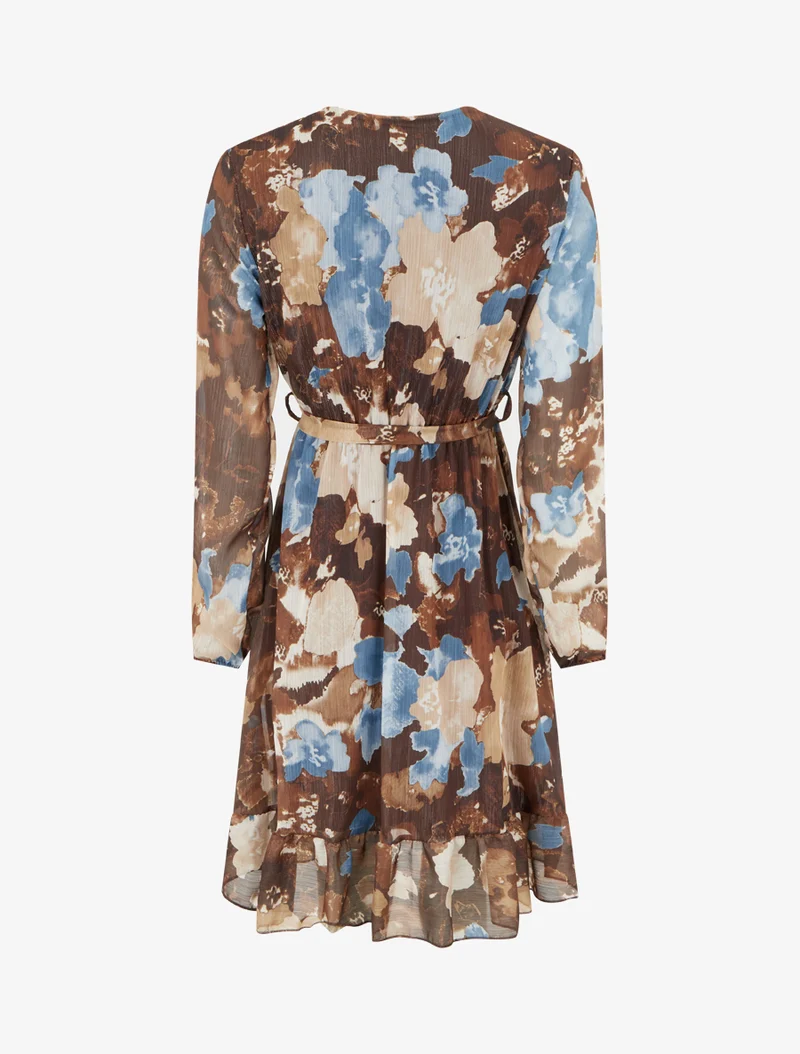 Robe irisée à imprimé fleurs abstraites et bords volantés - Marron