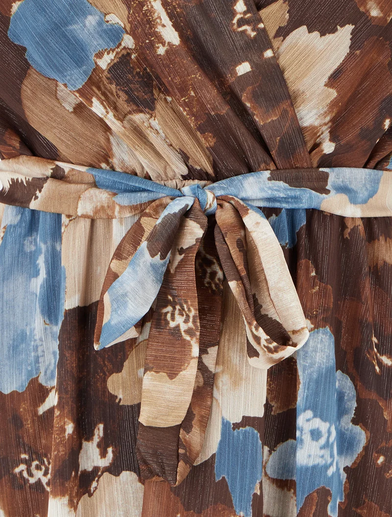 Robe irisée à imprimé fleurs abstraites et bords volantés - Marron