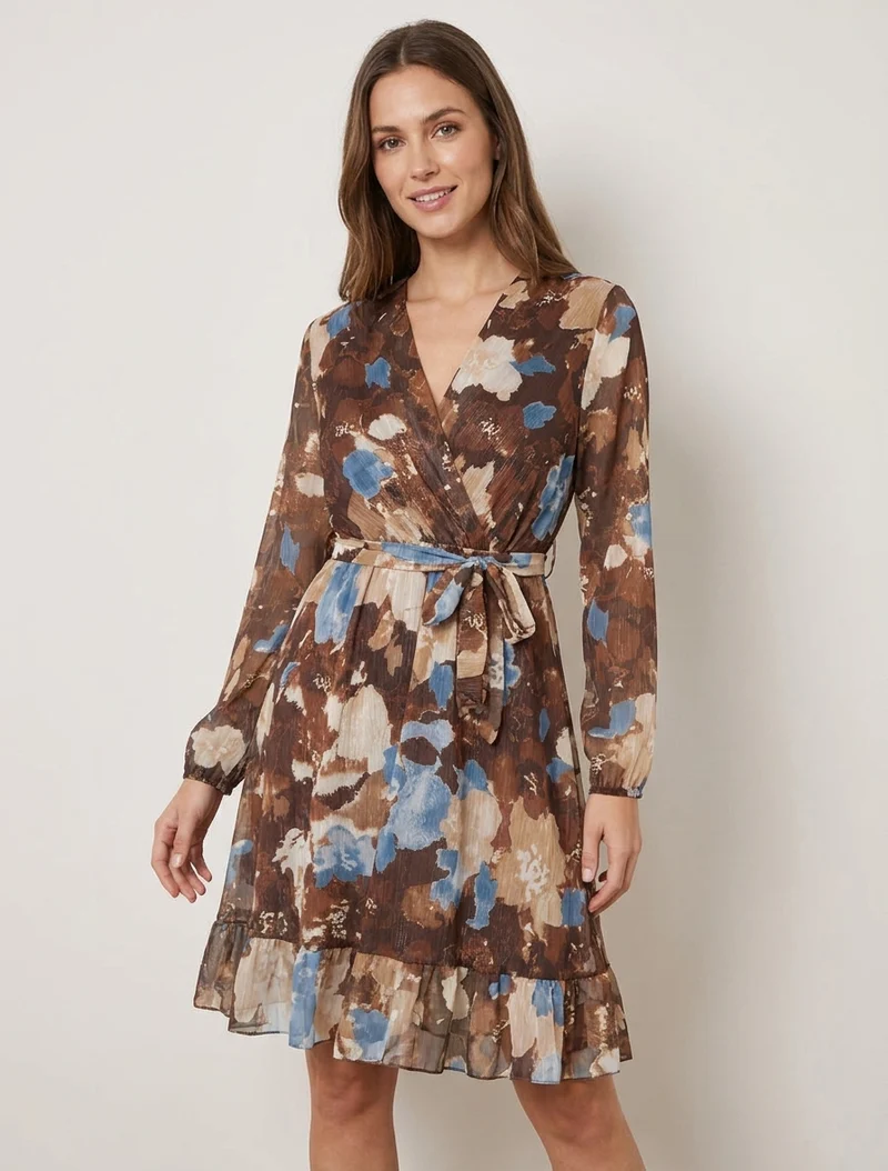 Robe irisée à imprimé fleurs abstraites et bords volantés - Marron
