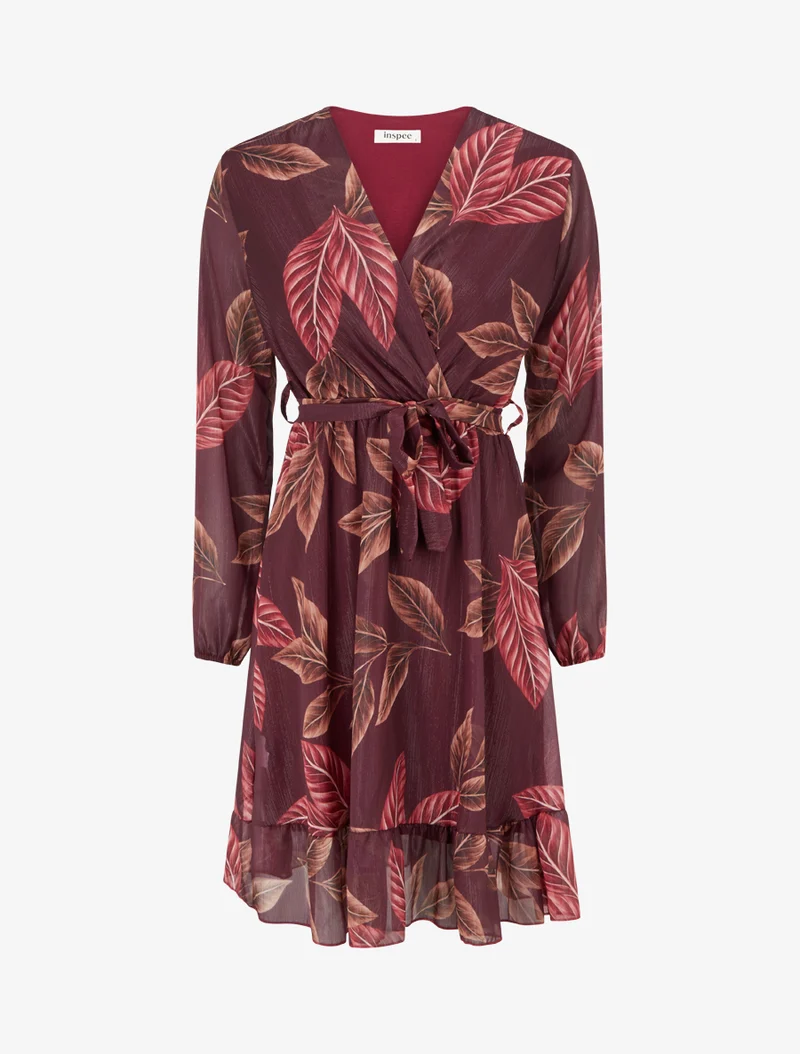 Robe irisée à imprimé feuilles et bords volantés - Lie de vin