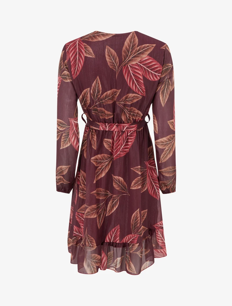 Robe irisée à imprimé feuilles et bords volantés - Lie de vin