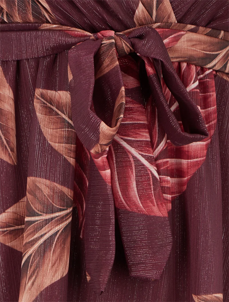 Robe irisée à imprimé feuilles et bords volantés - Lie de vin
