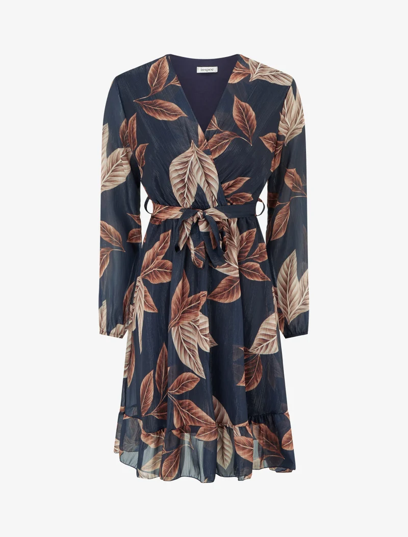 Robe irisée à imprimé feuilles et bords volantés - Bleu nuit