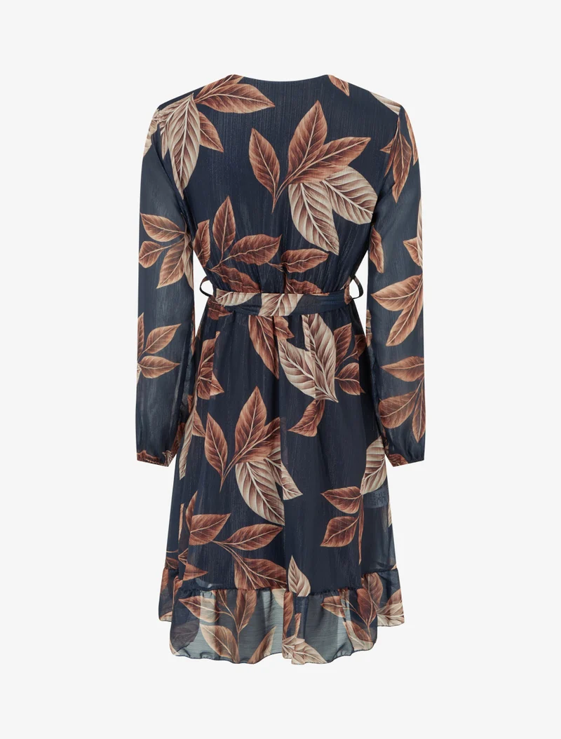 Robe irisée à imprimé feuilles et bords volantés - Bleu nuit