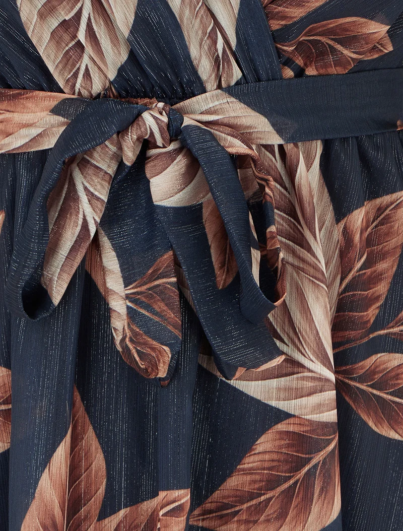 Robe irisée à imprimé feuilles et bords volantés - Bleu nuit