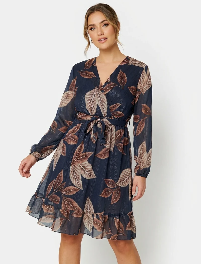 Robe irisée à imprimé feuilles et bords volantés - Bleu nuit