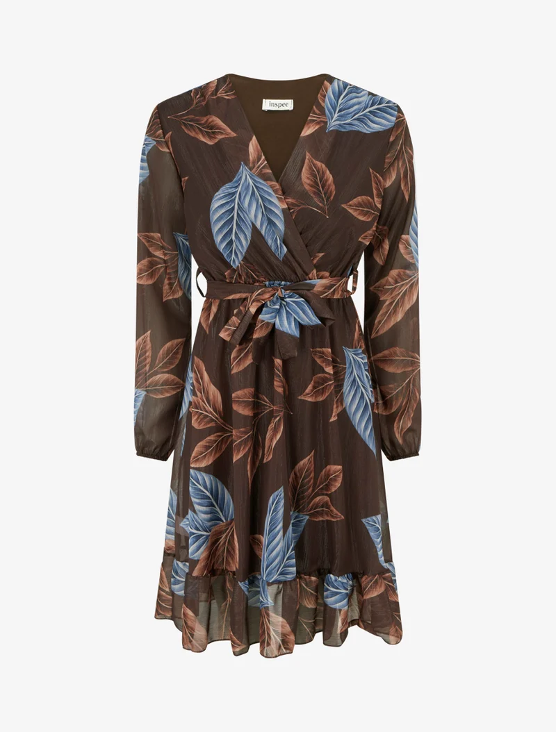 Robe irisée à imprimé feuilles et bords volantés - Marron