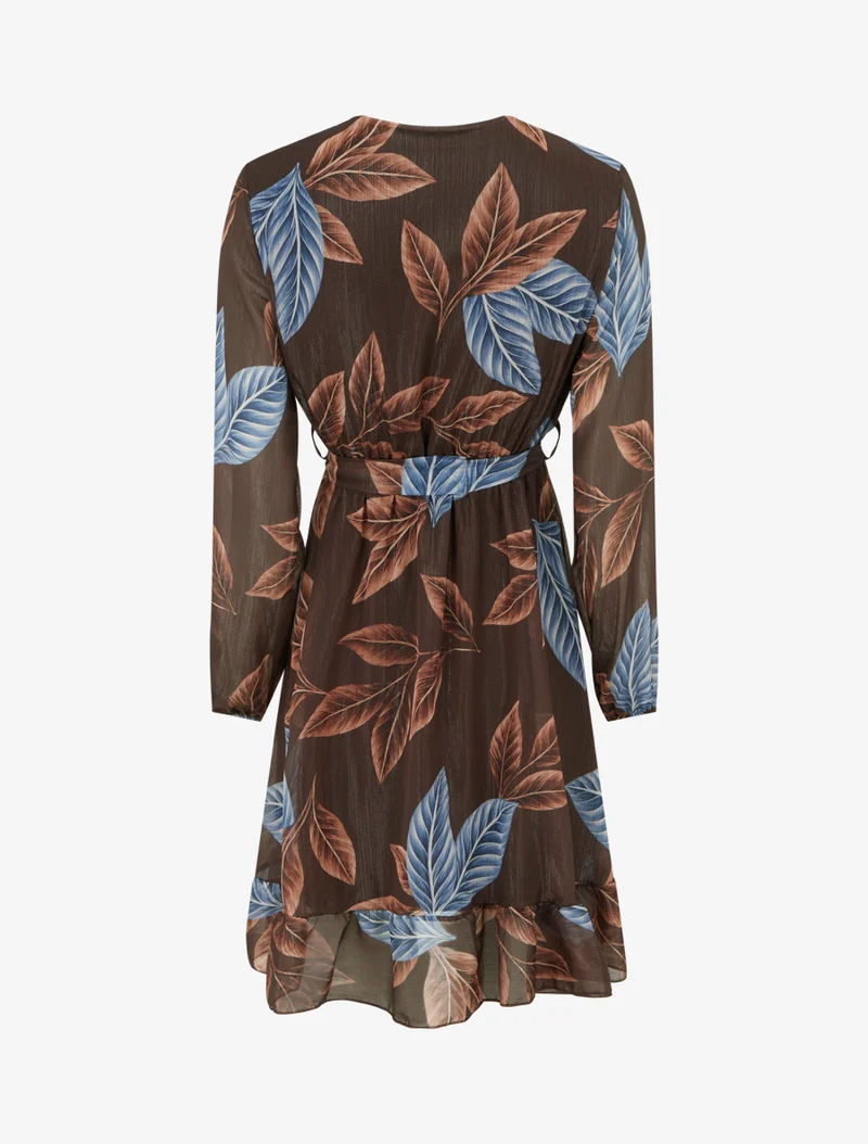Robe irisée à imprimé feuilles et bords volantés - Marron