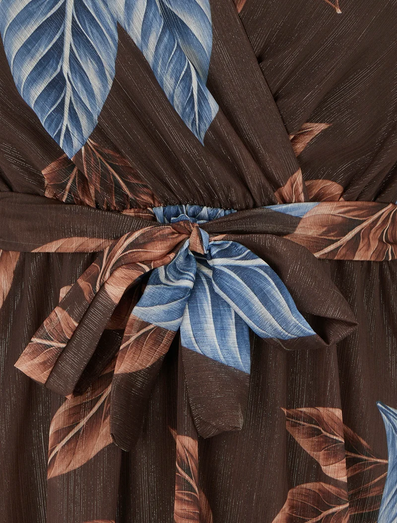 Robe irisée à imprimé feuilles et bords volantés - Marron