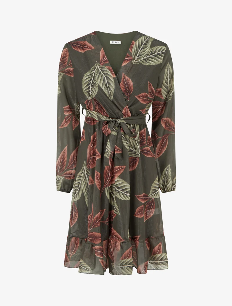 Robe irisée à imprimé feuilles et bords volantés - Kaki