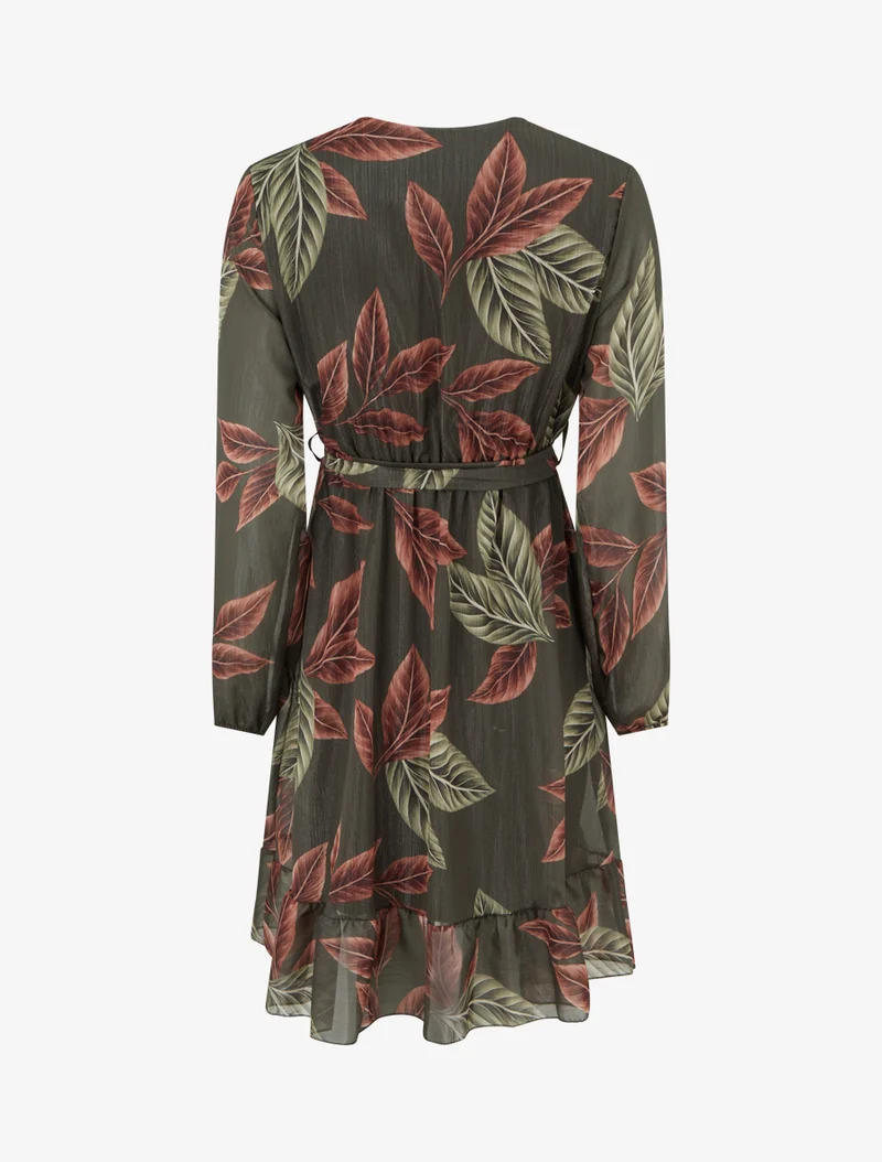 Robe irisée à imprimé feuilles et bords volantés - Kaki