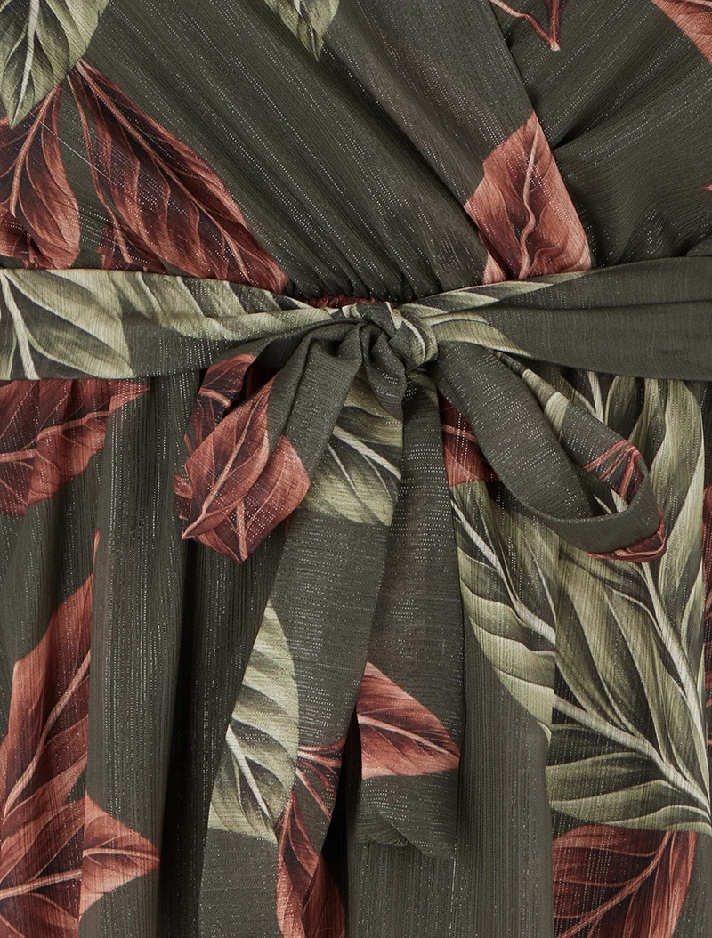 Robe irisée à imprimé feuilles et bords volantés - Kaki