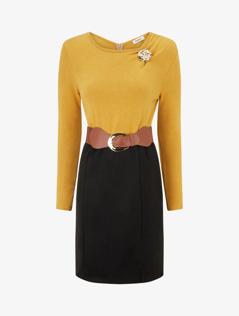 Robe bimatière coupe droite - Moutarde