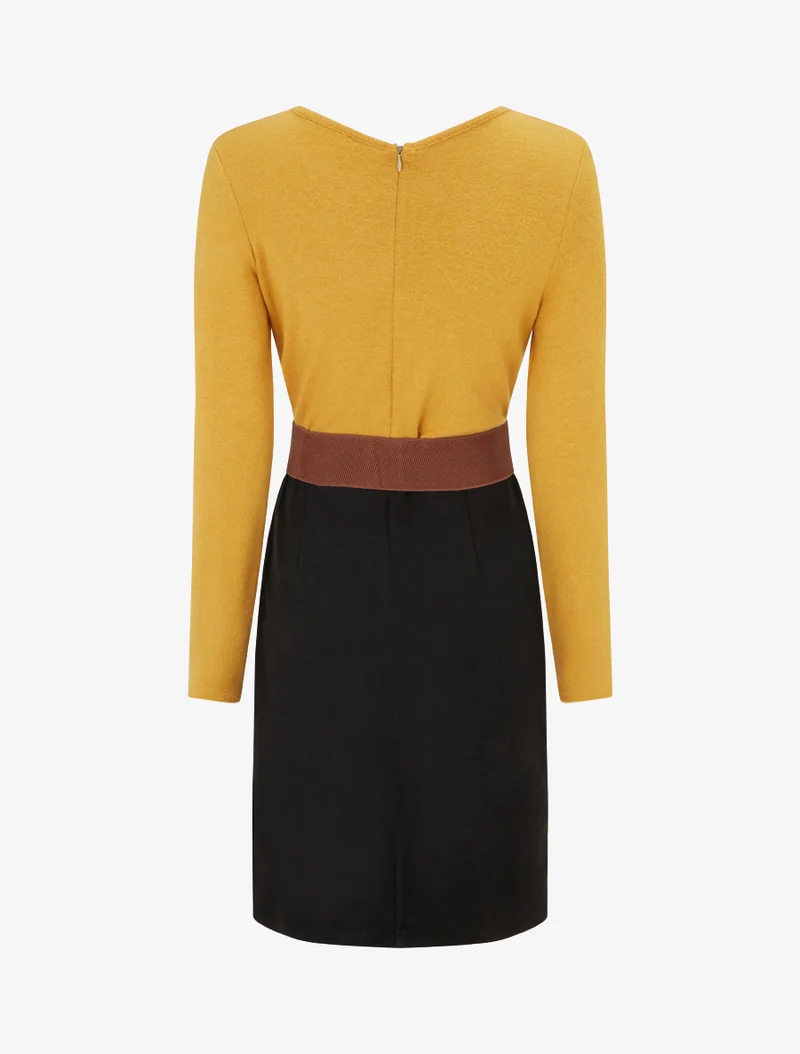 Robe bimatière coupe droite - Moutarde