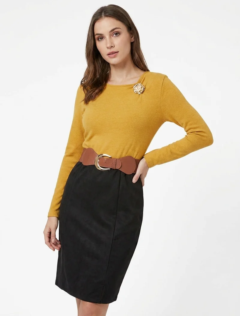 Robe bimatière coupe droite - Moutarde