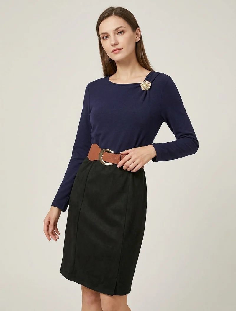 Robe bimatière coupe droite - Marine