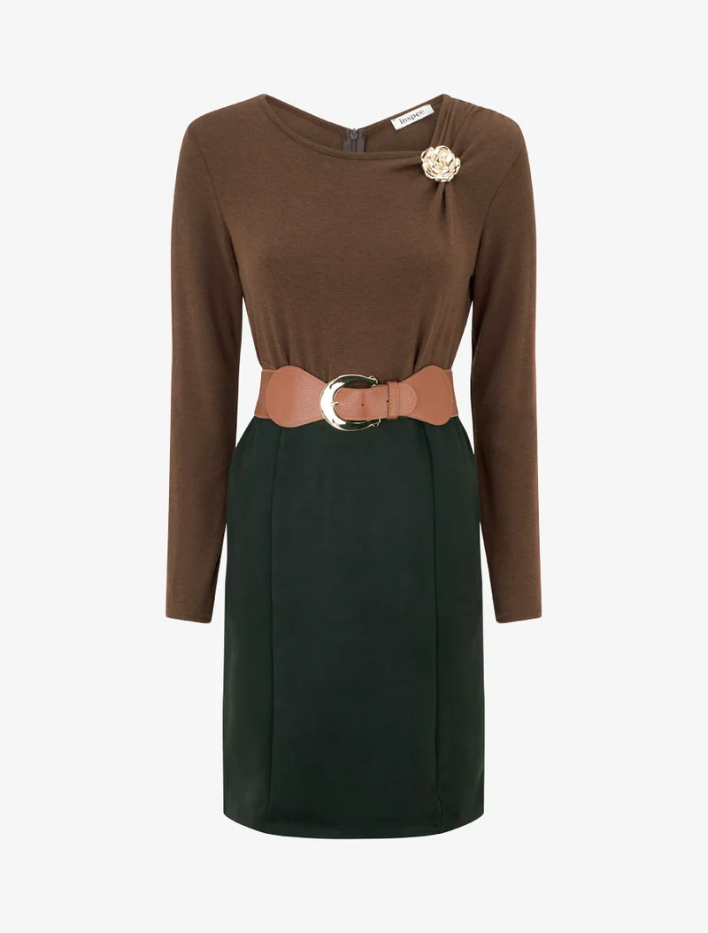 Robe bimatière coupe droite - Marron