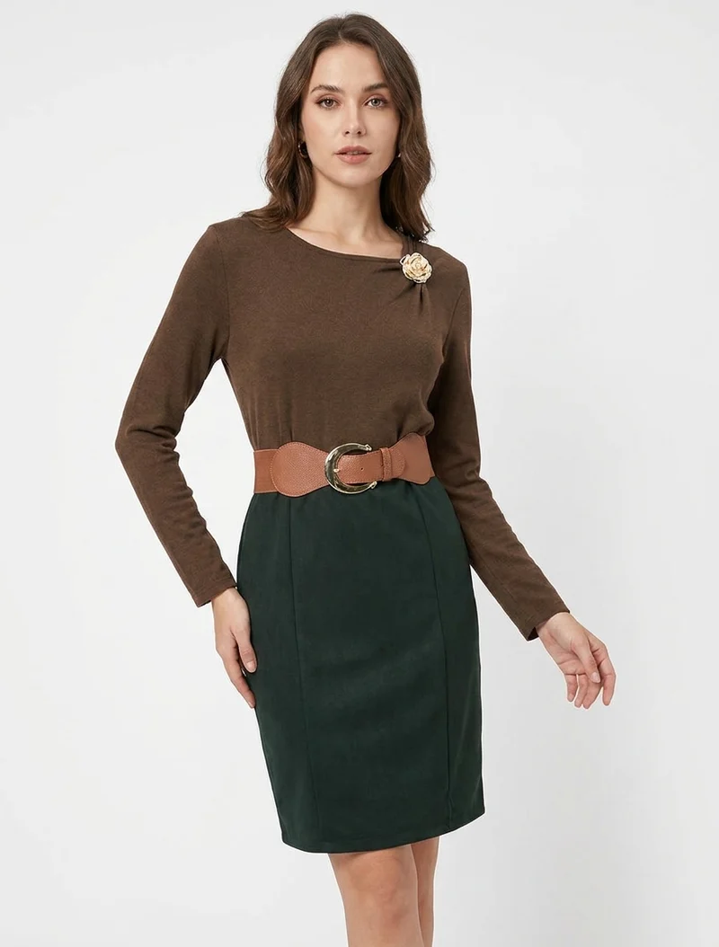 Robe bimatière coupe droite - Marron