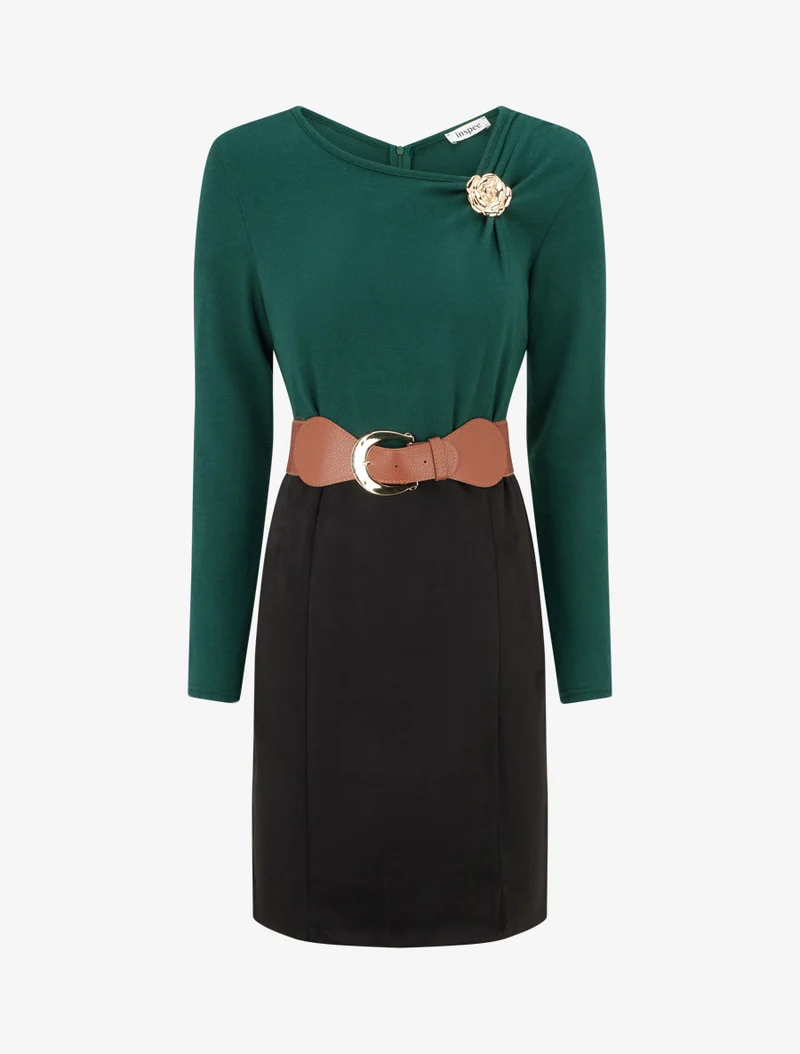 Robe bimatière coupe droite - Vert foncé