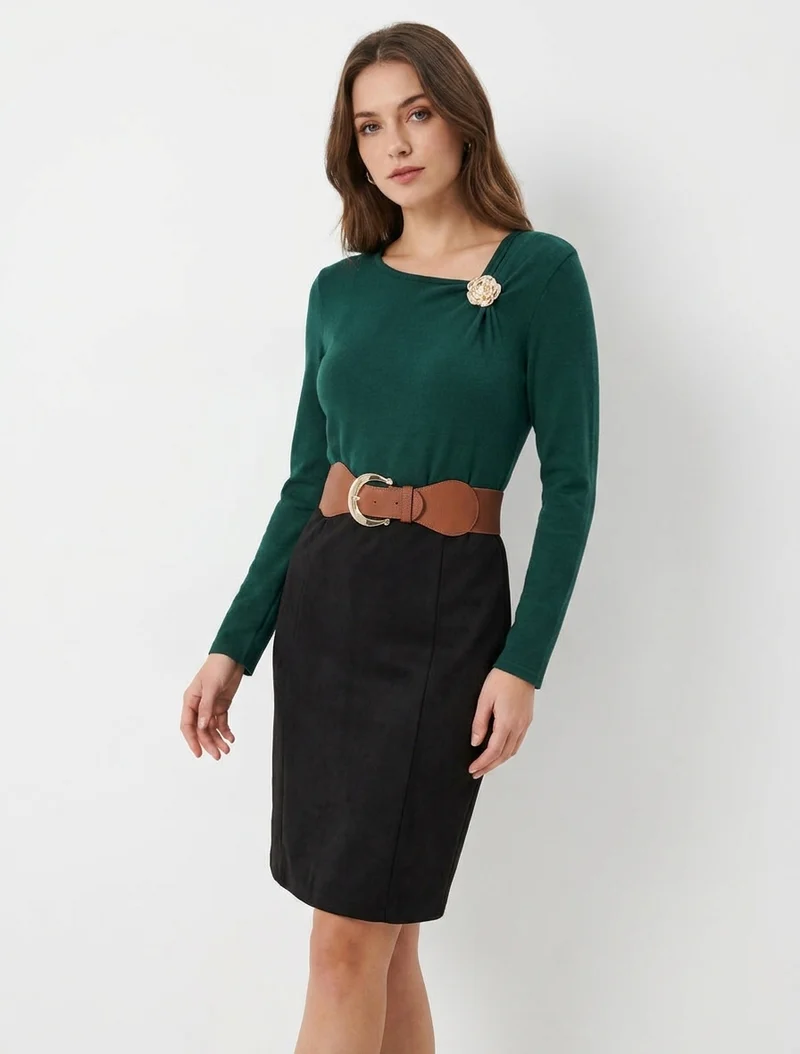 Robe bimatière coupe droite - Vert foncé