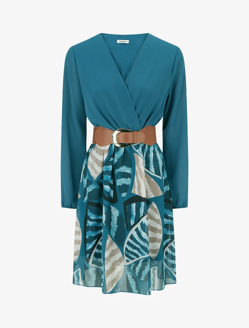 Robe évasée à imprimé feuilles abstraites - Bleu canard