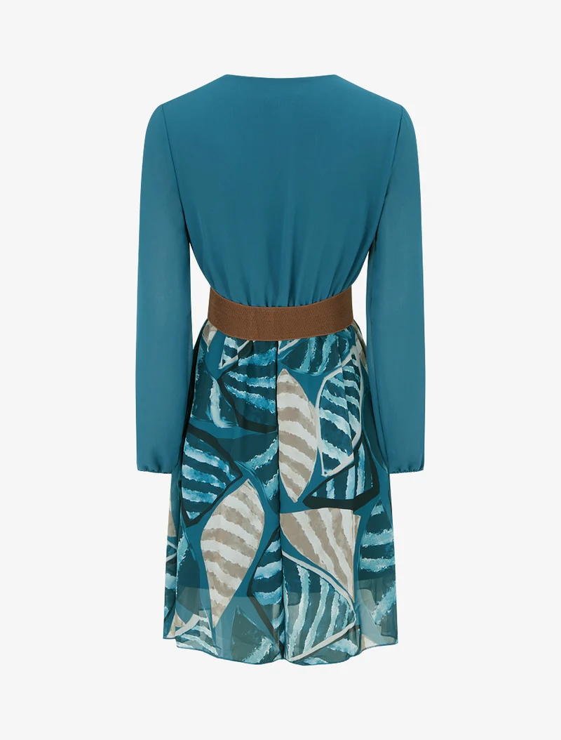 Robe évasée à imprimé feuilles abstraites - Bleu canard
