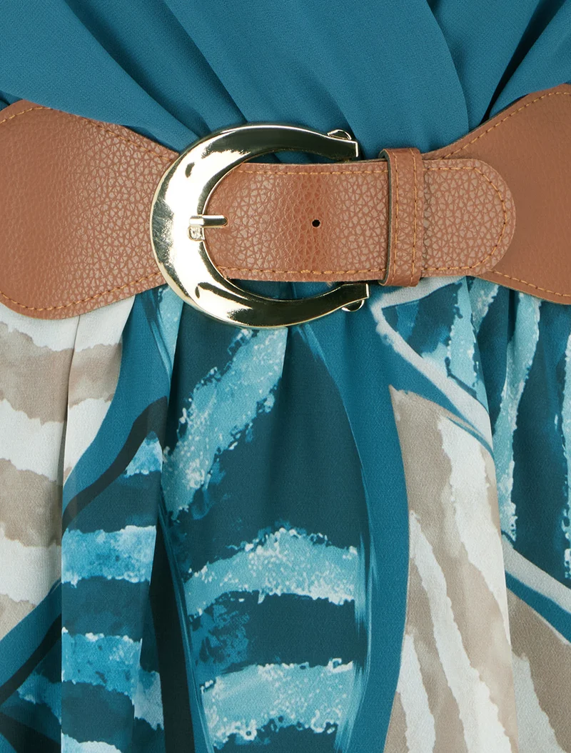 Robe évasée à imprimé feuilles abstraites - Bleu canard
