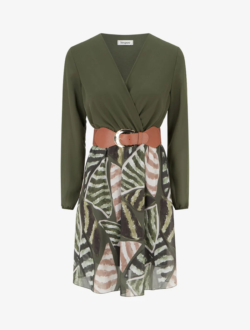 Robe évasée à imprimé feuilles abstraites - Kaki