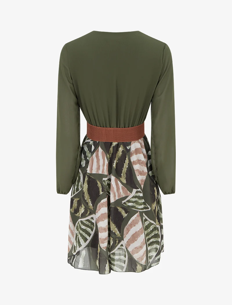 Robe évasée à imprimé feuilles abstraites - Kaki