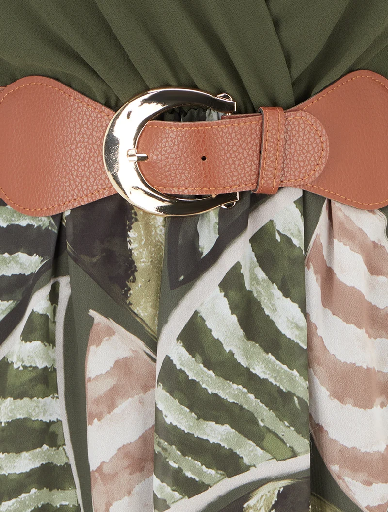 Robe évasée à imprimé feuilles abstraites - Kaki