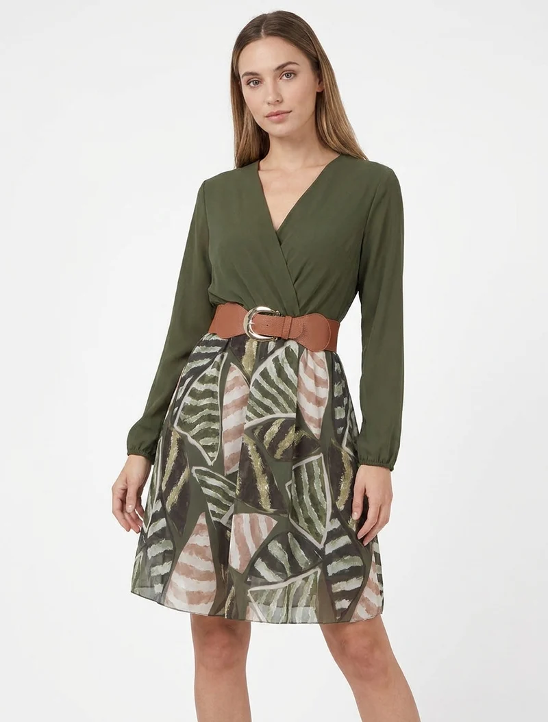 Robe évasée à imprimé feuilles abstraites - Kaki