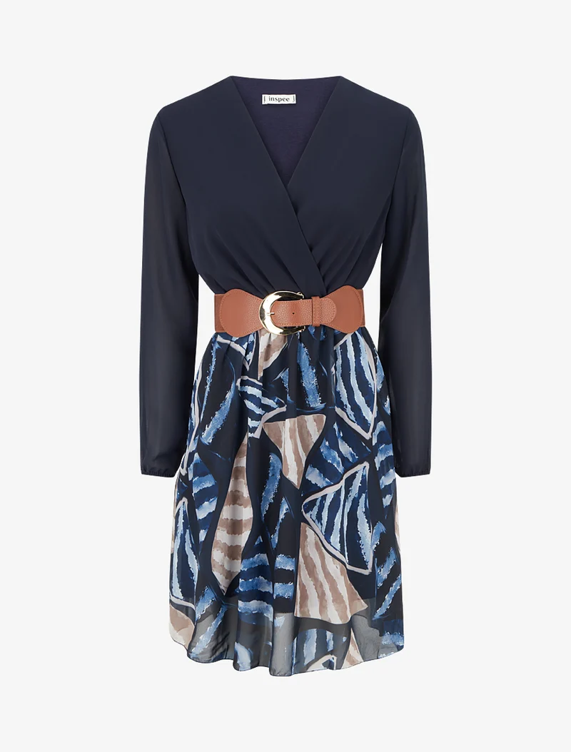 Robe évasée à imprimé feuilles abstraites - Marine