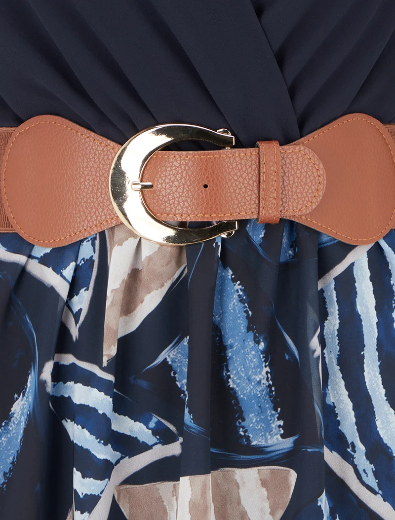 Robe évasée à imprimé feuilles abstraites - Marine