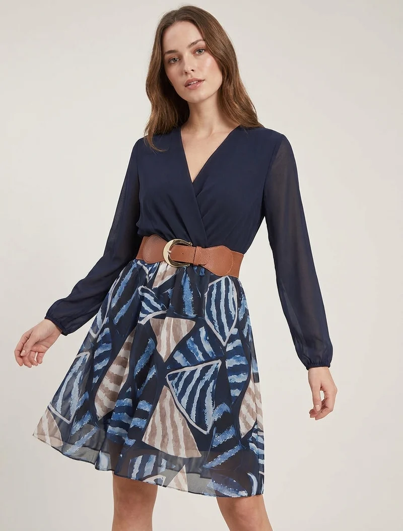 Robe évasée à imprimé feuilles abstraites - Marine