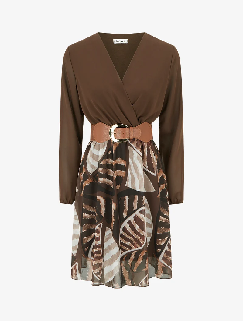 Robe évasée à imprimé feuilles abstraites - Marron