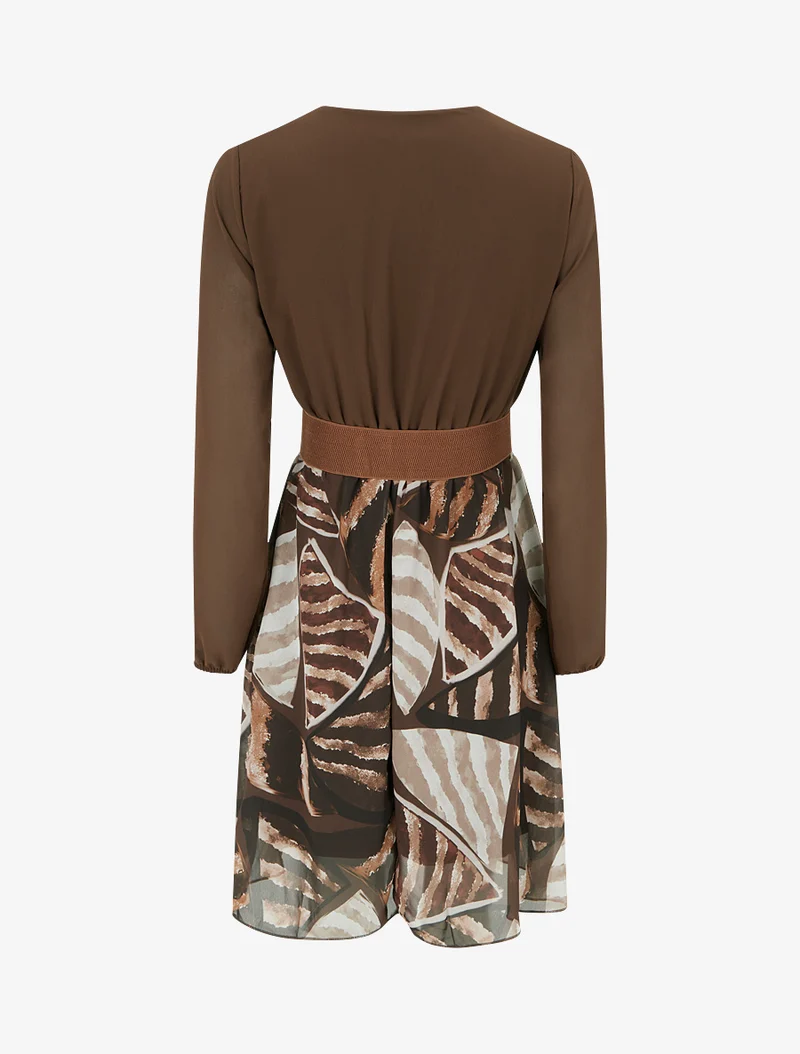 Robe évasée à imprimé feuilles abstraites - Marron