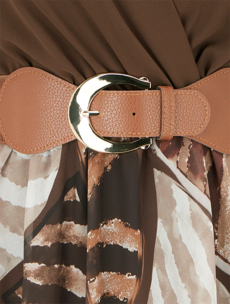Robe évasée à imprimé feuilles abstraites - Marron