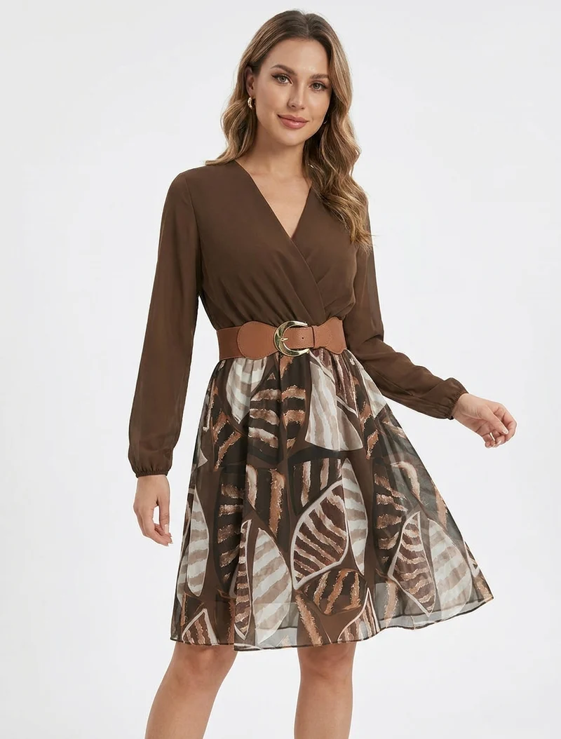 Robe évasée à imprimé feuilles abstraites - Marron