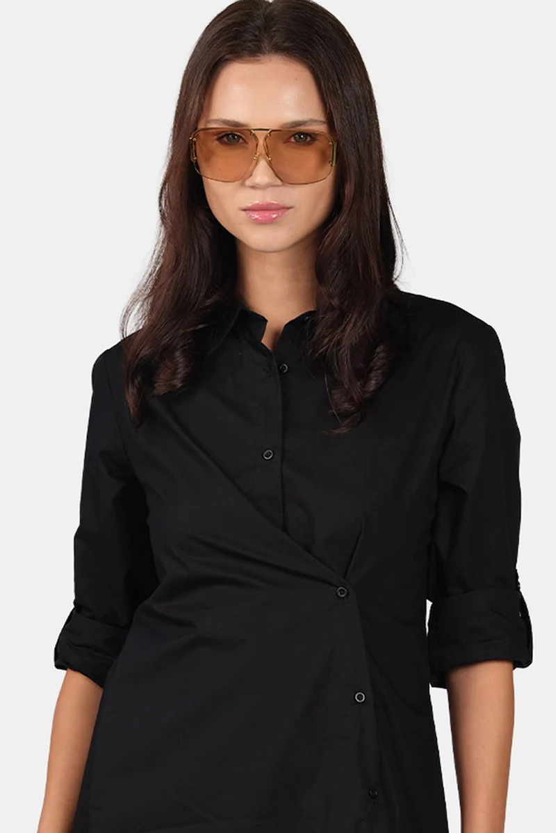 Alma|100% Cotton Asymmetric Midi Shirt Dress